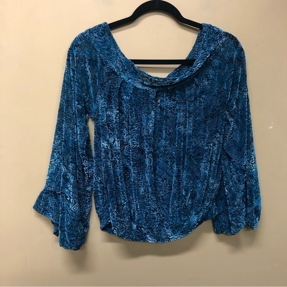 Free People Ginger Berry Burnout Velvet Top Size XS Midnight Lagoon Off Shoulder - Picture 1 of 6